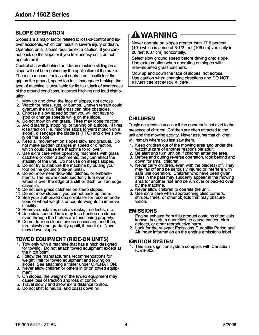 Snapper 7800379 Slope Operation, Children, Emissions, Towed Equipment Ride-On Units, Ignition System, Axion / 150Z Series 