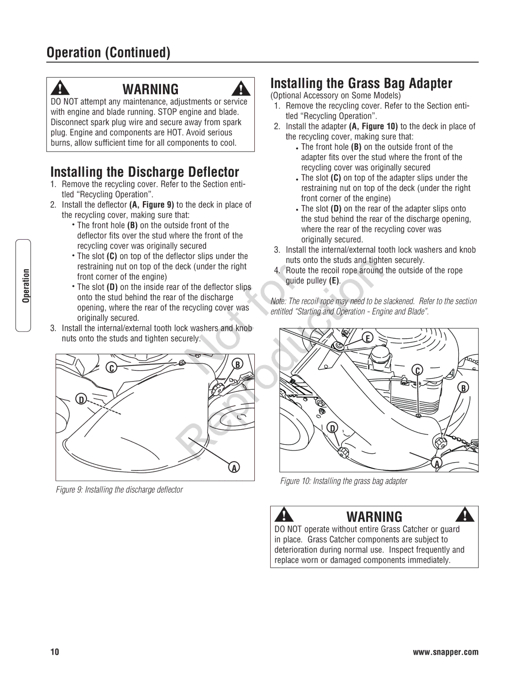 Snapper 7800600, 7800602, 7800601, 7800597, 7800596 specifications Installing the Discharge Deflector 