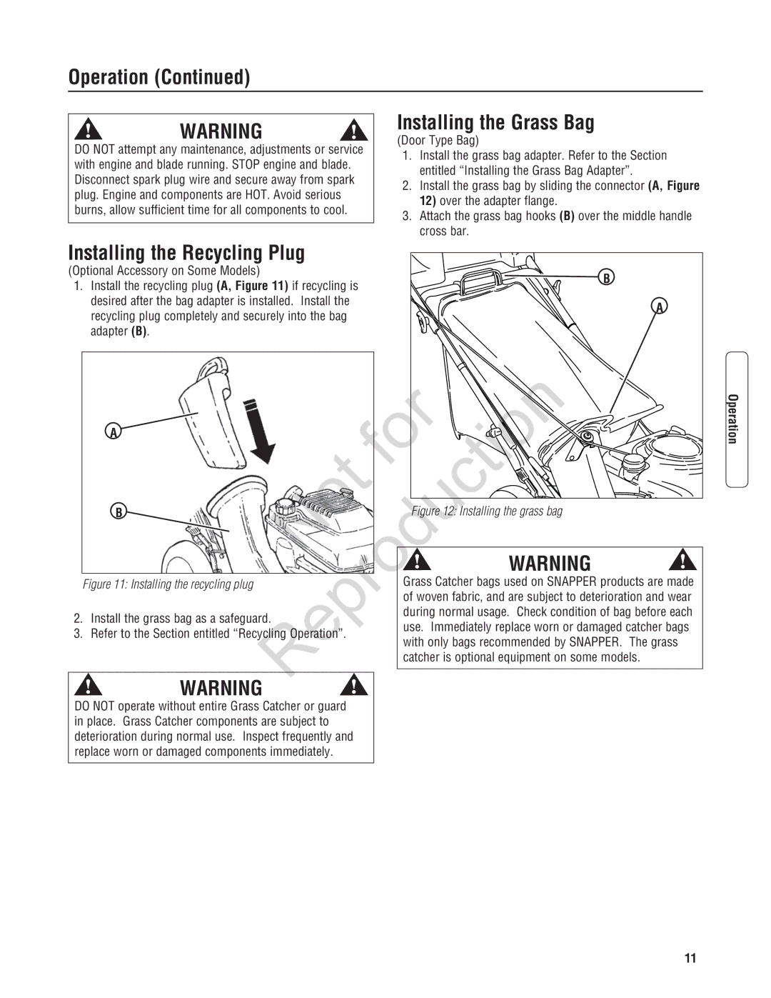 Snapper 7800602, 7800600, 7800601, 7800597, 7800596 Installing the Grass Bag, Installing the Recycling Plug, Door Type Bag 