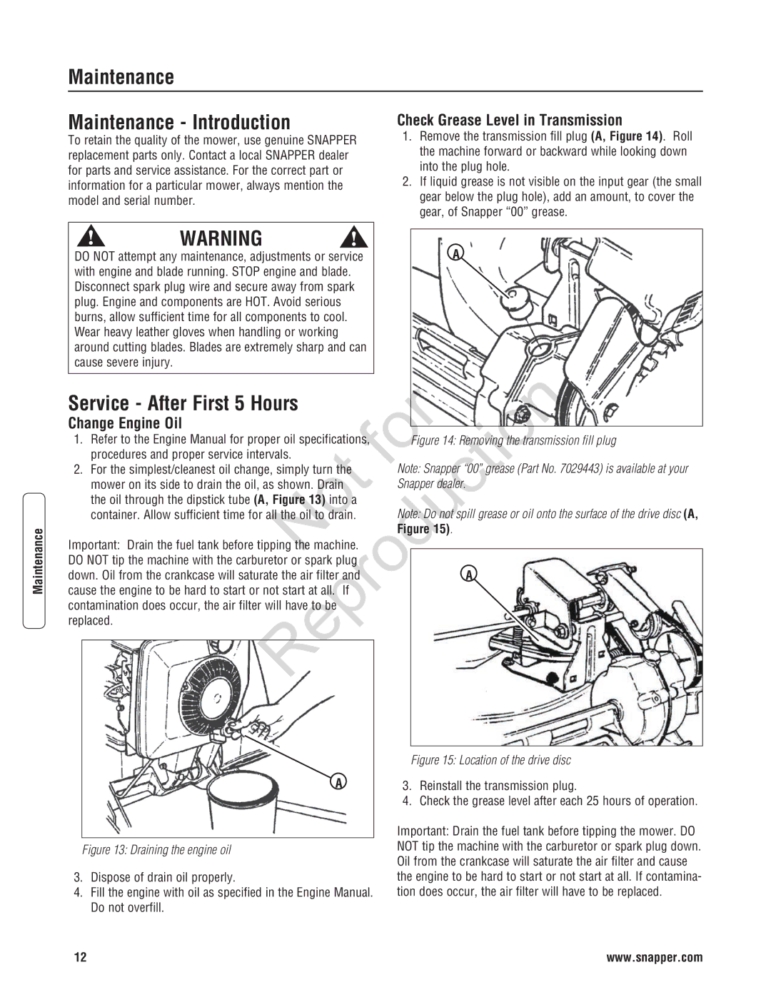 Snapper 7800601 Maintenance Maintenance Introduction, Service After First 5 Hours, Check Grease Level in Transmission 