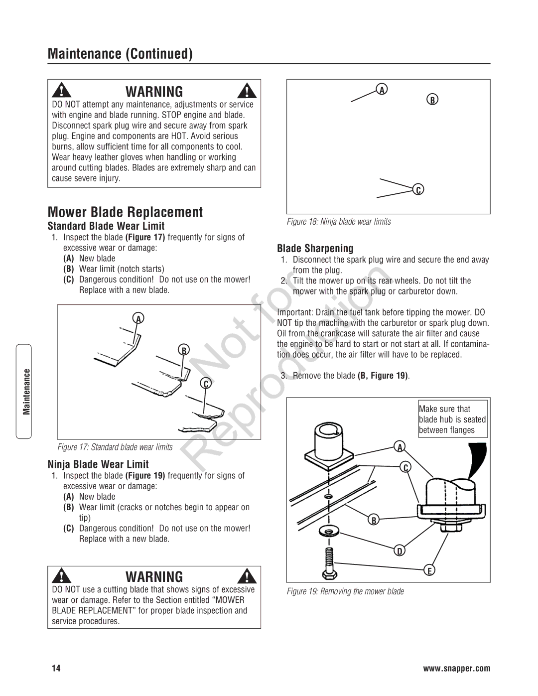 Snapper 7800596, 7800600, 7800602, 7800601, 7800597 Mower Blade Replacement, Standard Blade Wear Limit, Blade Sharpening 