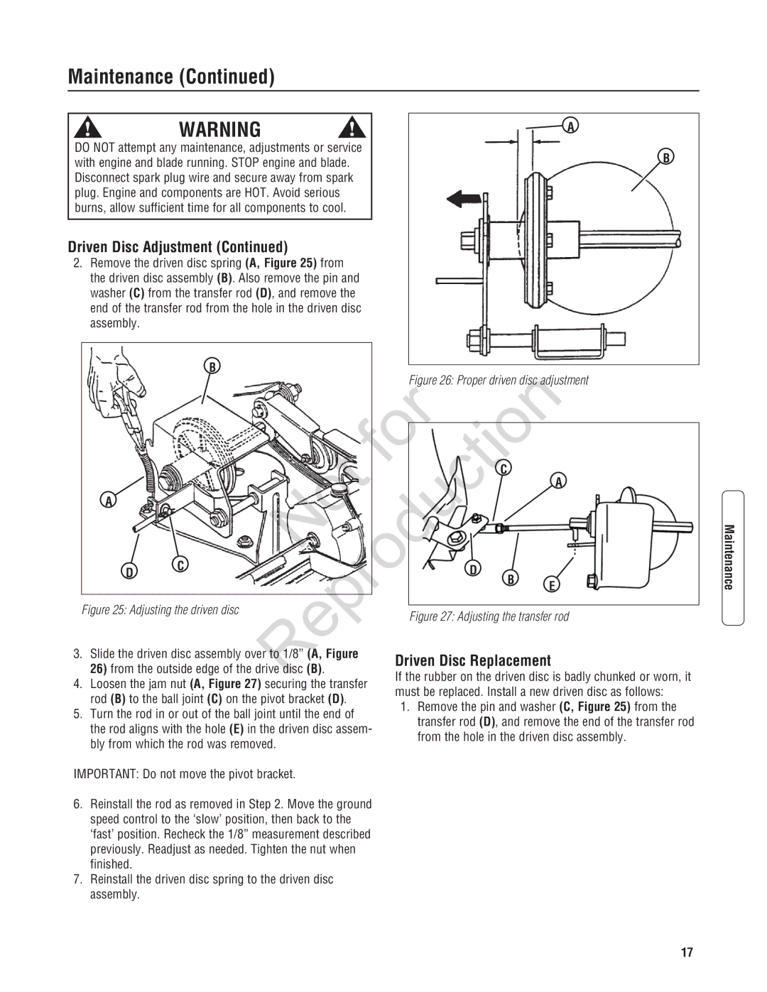 Snapper 7800601, 7800600 Driven Disc Adjustment, Reprod, Uction, From the outside edge of the drive disc B If the rubber 