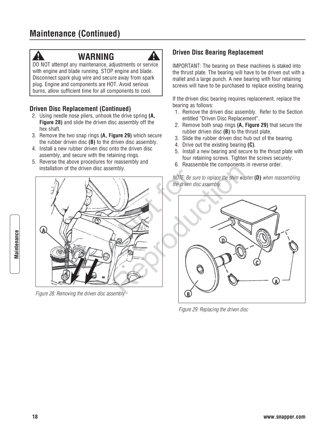 Snapper 7800597, 7800600, 7800602, 7800601, 7800596 specifications Driven Disc Replacement 