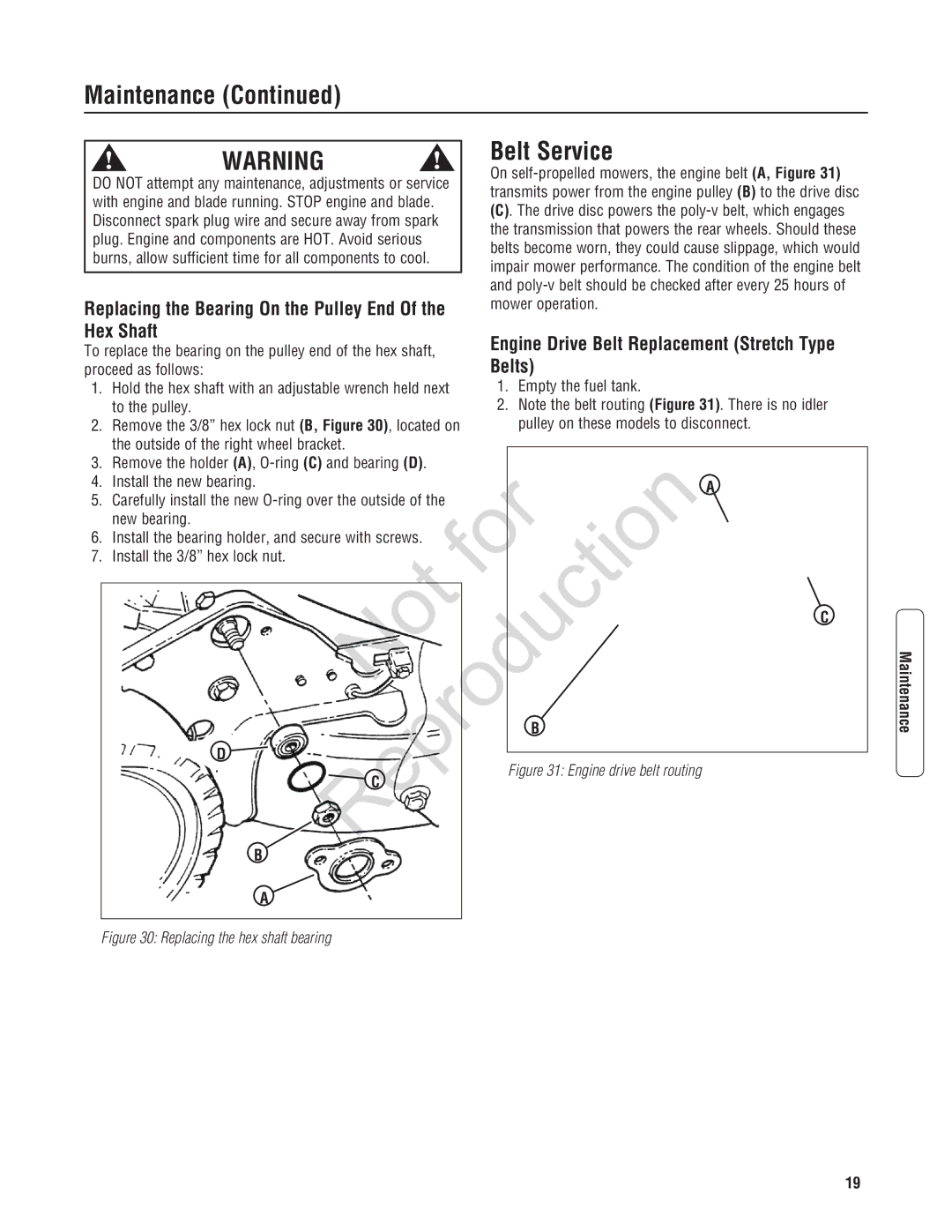 Snapper 7800596, 7800600, 7800602 Maintenance Belt Service, Hex Shaft, Belts, Replacing the Bearing On the Pulley End 