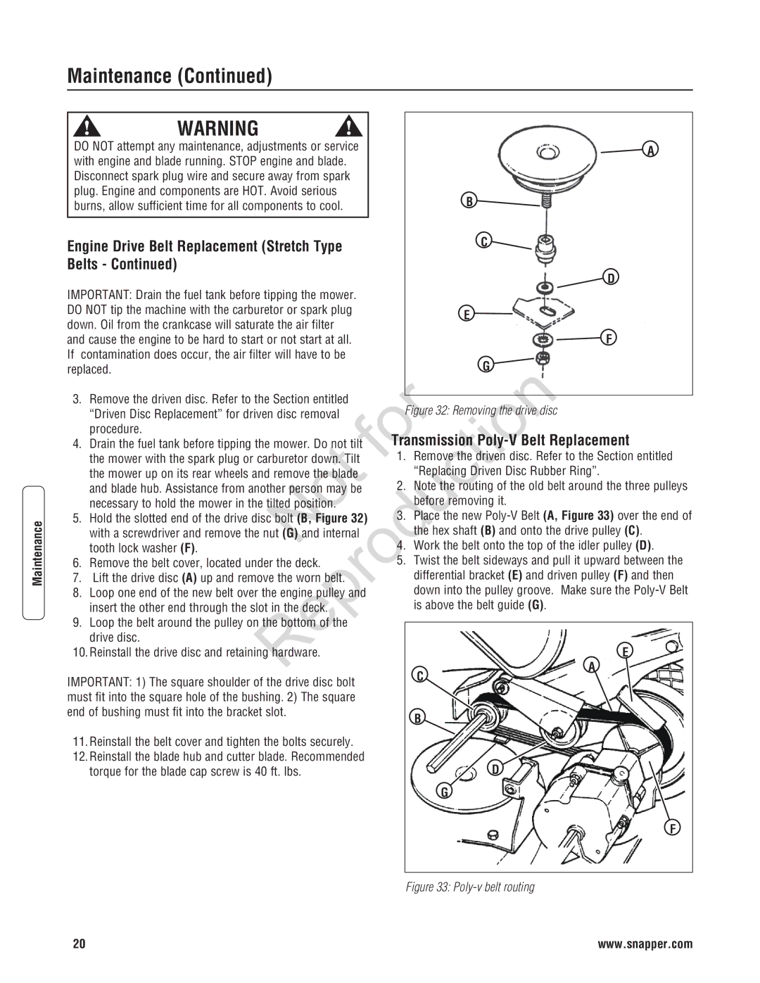 Snapper 7800600 Transmiss on P ly-V Belt Replacement, Belts, Driven Disc Replacement for driven disc removal Procedure 