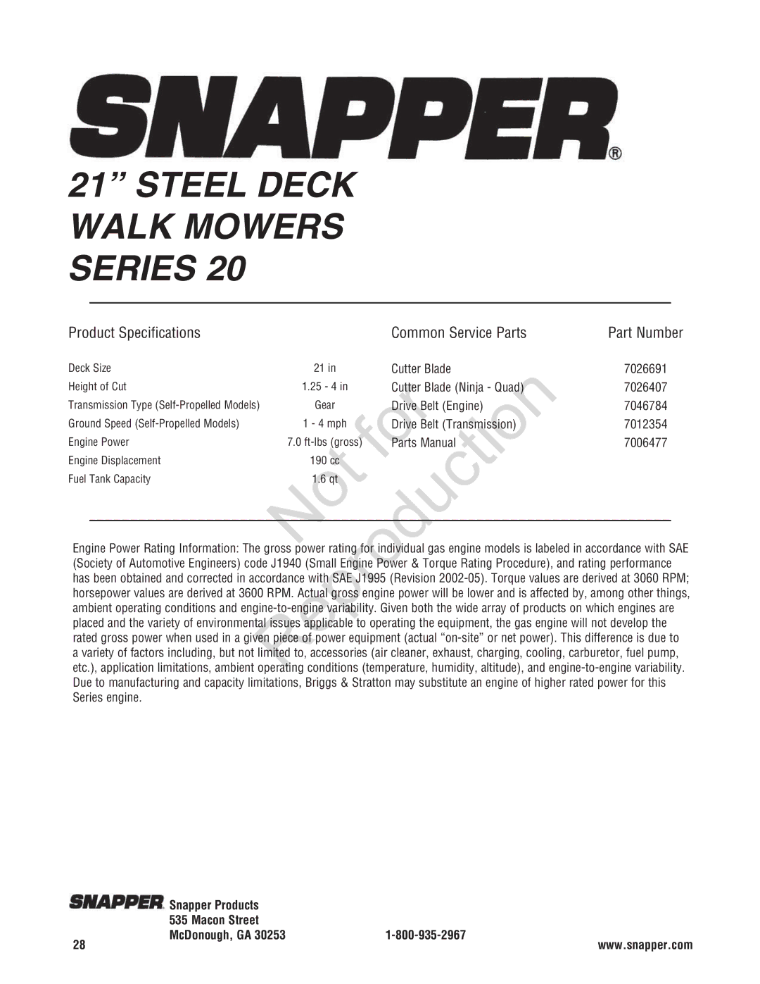 Snapper 7800597, 7800600, 7800602, 7800601, 7800596 specifications Snapper Products Macon Street McDonough, GA 