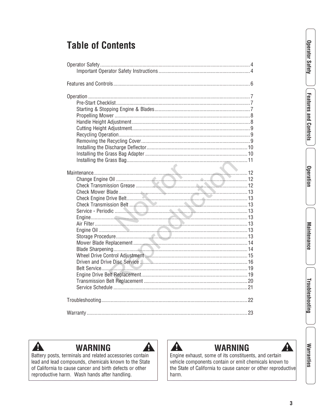 Snapper 7800597, 7800600, 7800602, 7800601, 7800596 specifications Table of Contents 