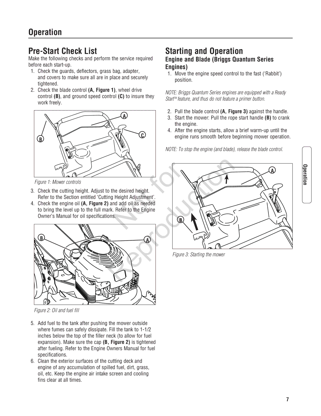 Snapper 7800601, 7800600, 7800602, 7800597, 7800596 Operation Pre-Start Check List Starting and Operation, Engines 