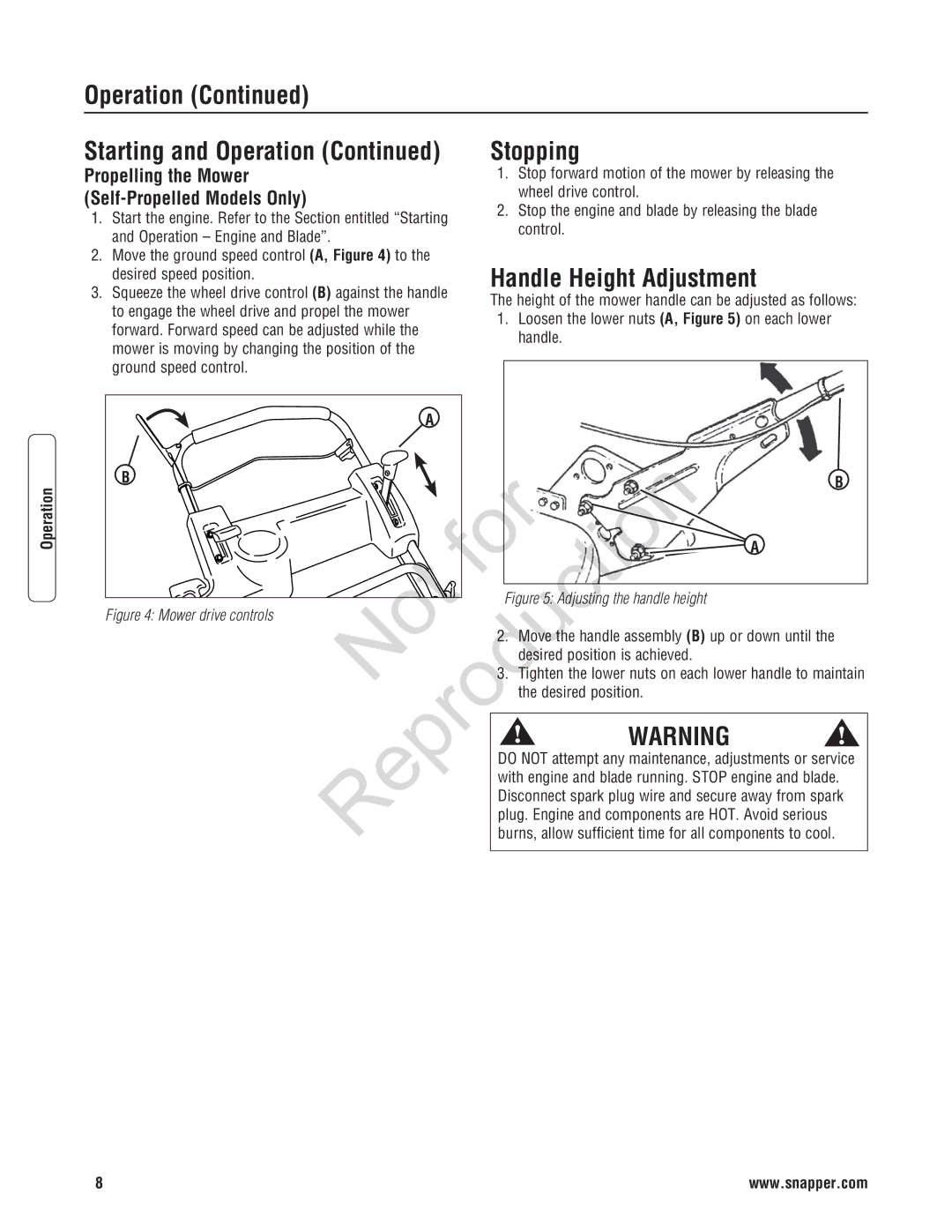 Snapper 7800597, 7800600, 7800602, 7800601, 7800596 Operation, Stopping, Handle Height Adjustment, Propelling the Mower 