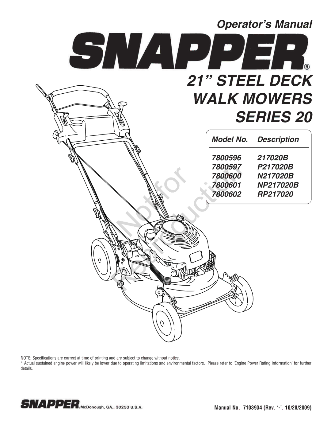 Snapper 7800602, 7800600, 7800601, 7800597, 7800596 specifications Reproduction For 