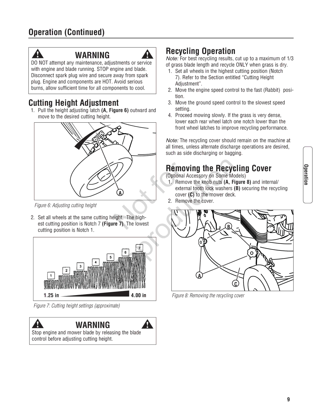 Snapper 7800596, 7800600, 7800602, 7800601, 7800597 specifications Operation Recycling Operation, Removing the Recycling Cover 