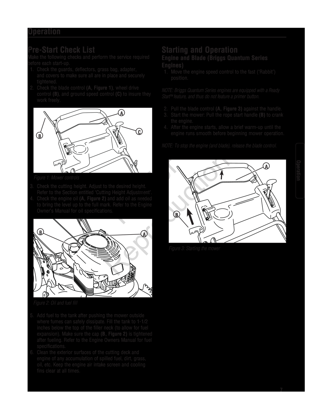 Snapper 7800601 Pre-StartCheck List, Starting and Operation, Engines, Reproduction, Mower controls, Starting the mower 
