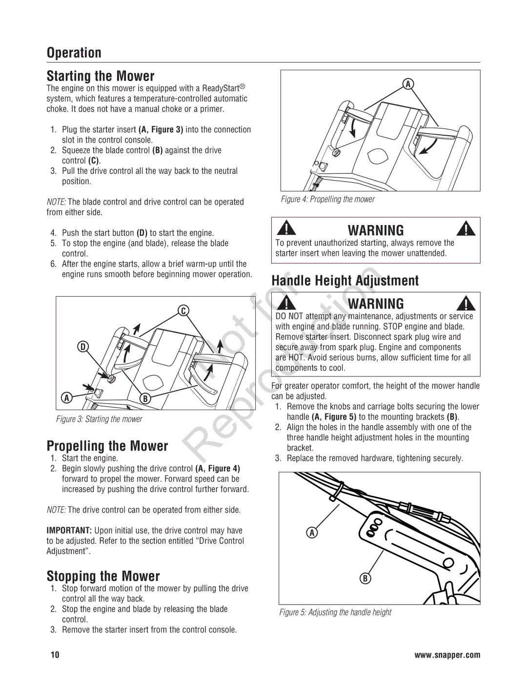 Snapper NXT22875E manual Operation Starting the Mower, Handle Height Adjustment, Propelling the Mower, Stopping the Mower 