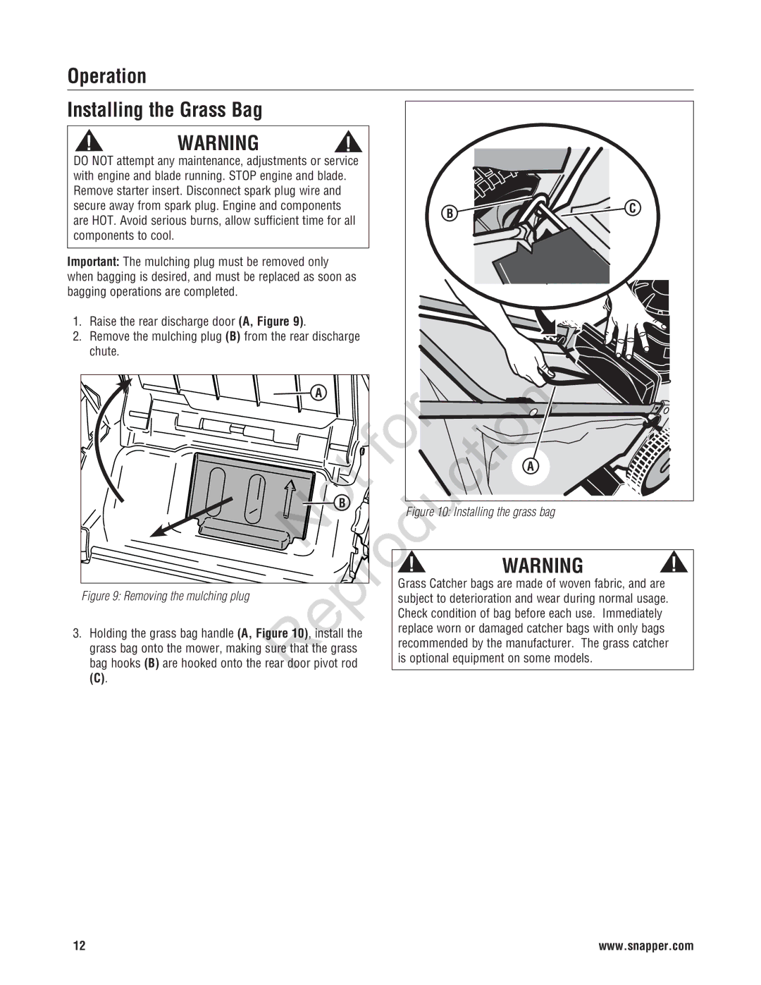 Snapper 7800696, 7800580, NXT22875EFCA manual Operation Installing the Grass Bag, Re 10 Installing the grass bag 