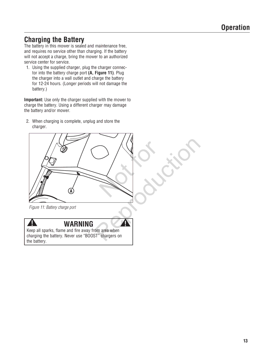 Snapper 7800580, 7800696, NXT22875EFCA manual Operation Charging the Battery 