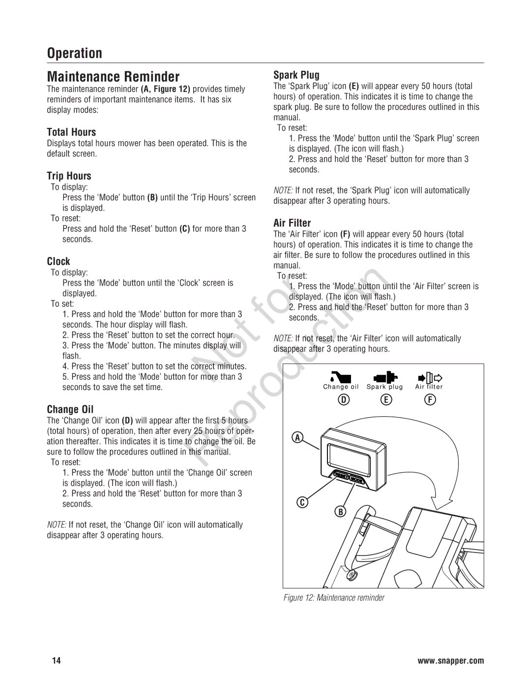 Snapper 7800696, 7800580, NXT22875EFCA manual Operation Maintenance Reminder 