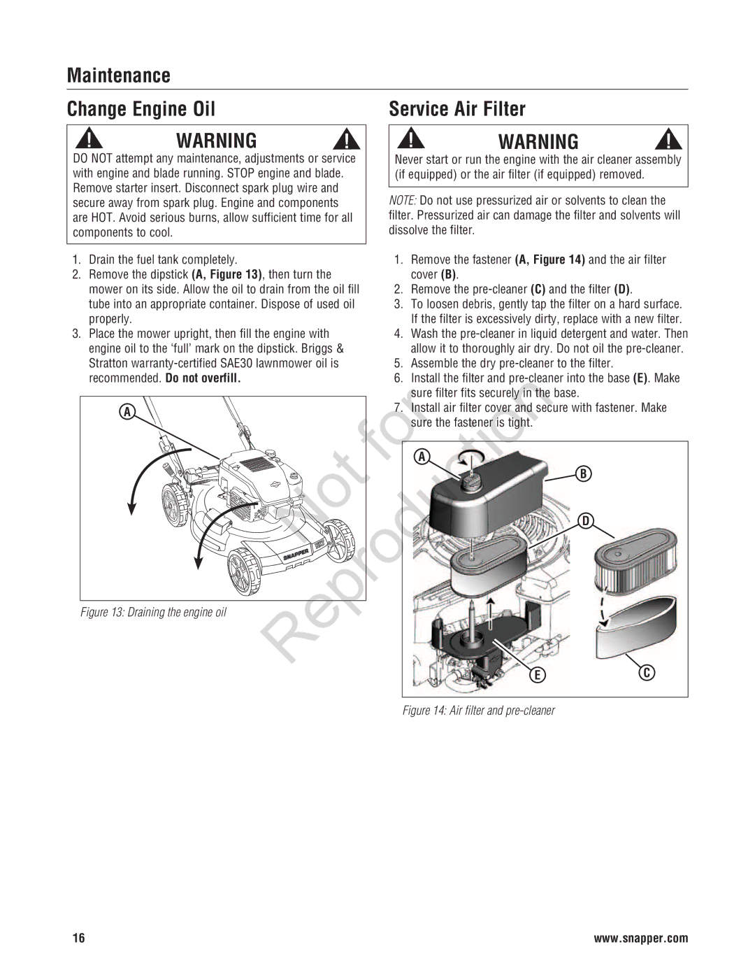 Snapper 7800696, 7800580, NXT22875E manual Maintenance Change Engine Oil Service Air Filter, Recommended. Do not overfill 