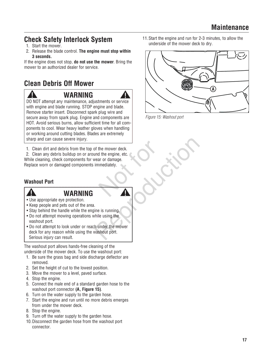 Snapper 7800580, 7800696, NXT22875EFCA manual Check Safety Interlock System, Clean Debris Off Mower, Washout Port 