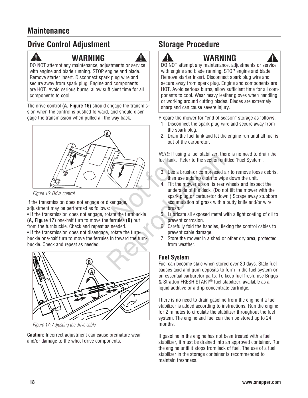 Snapper 7800696, 7800580, NXT22875EFCA manual Maintenance Drive Control Adjustment Storage Procedure, Fuel System 