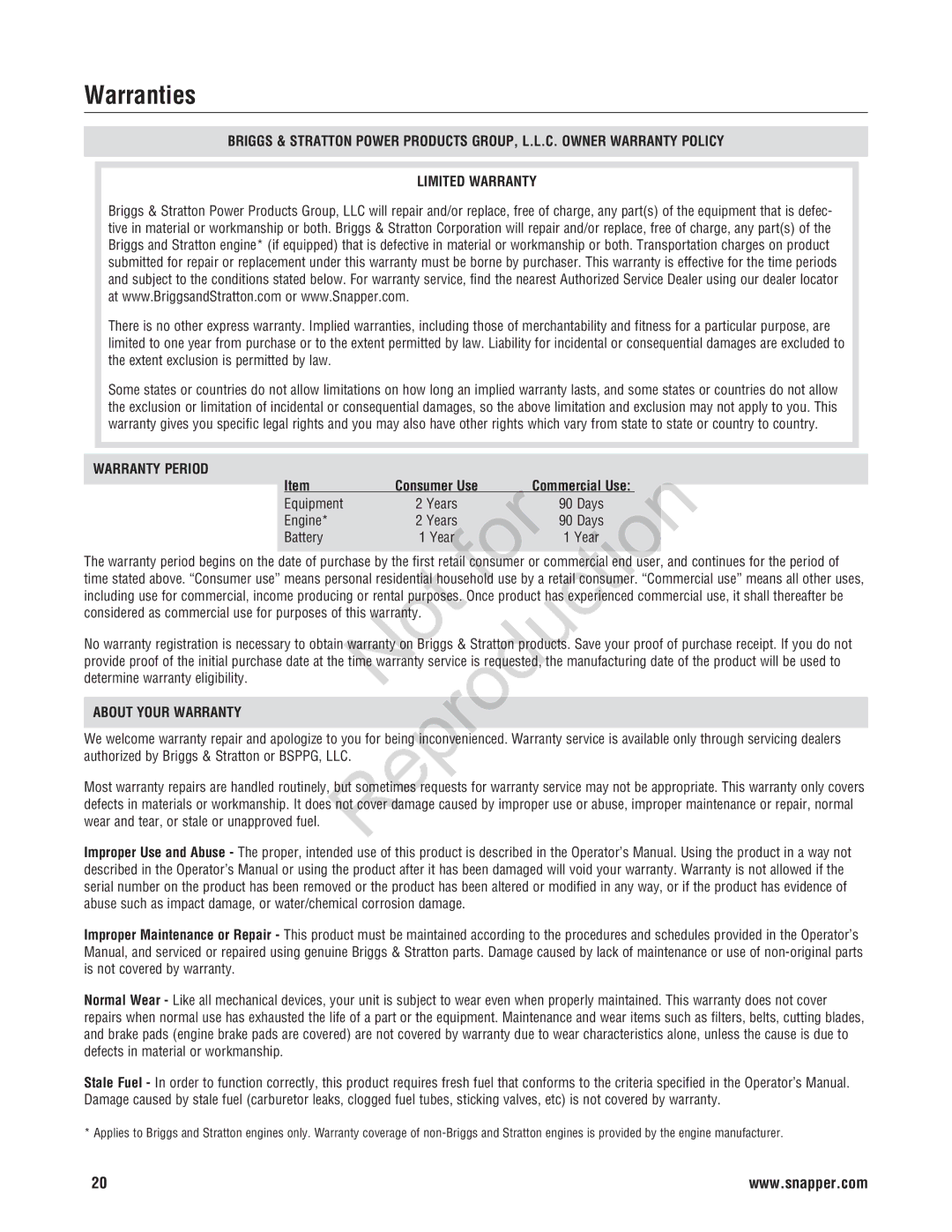 Snapper 7800696, 7800580, NXT22875E manual Warranties, Reproduction, Equipment, Battery, Determine warranty eligibility 
