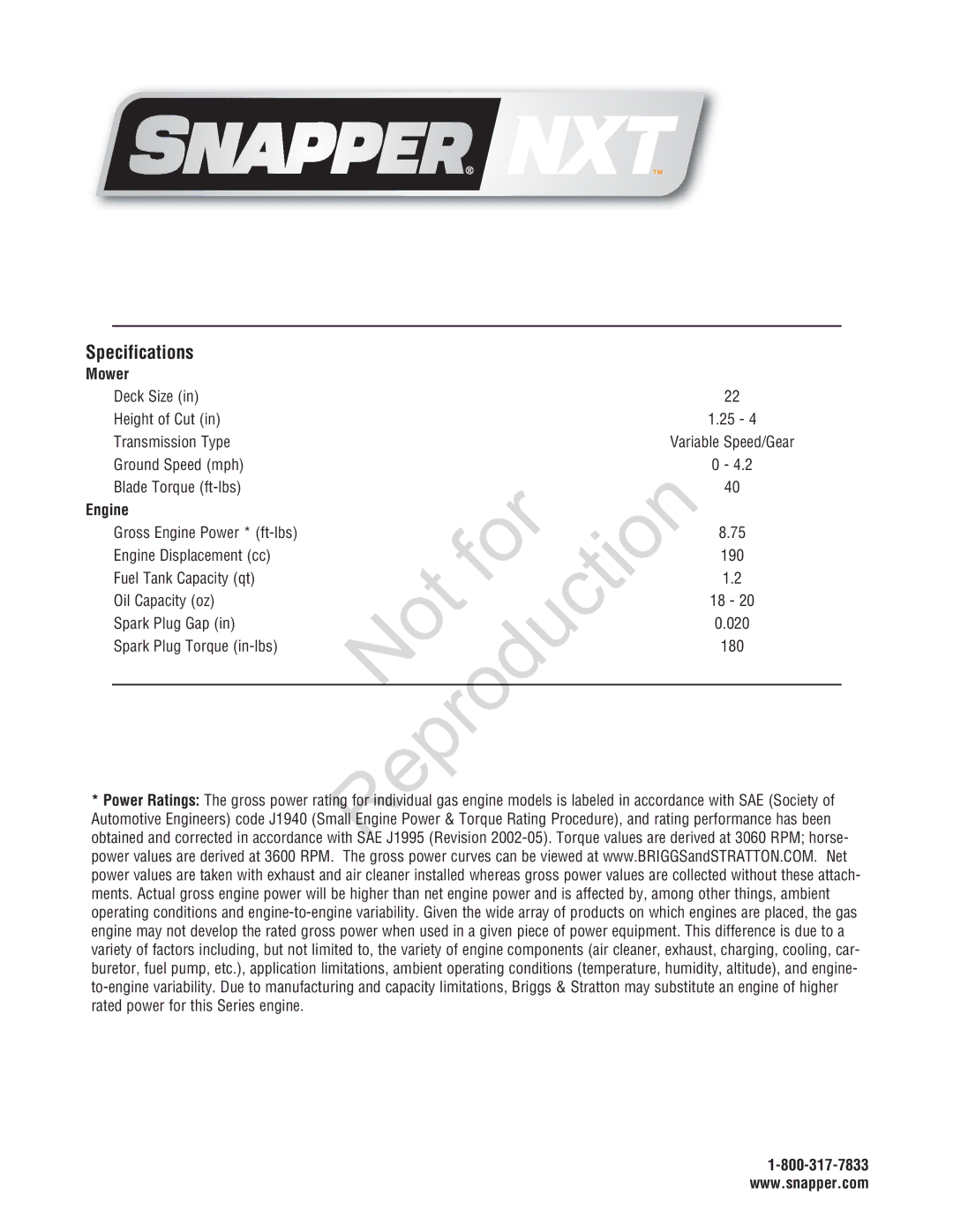 Snapper 7800696, 7800580, NXT22875EFCA manual Specifications, Mower, Engine 