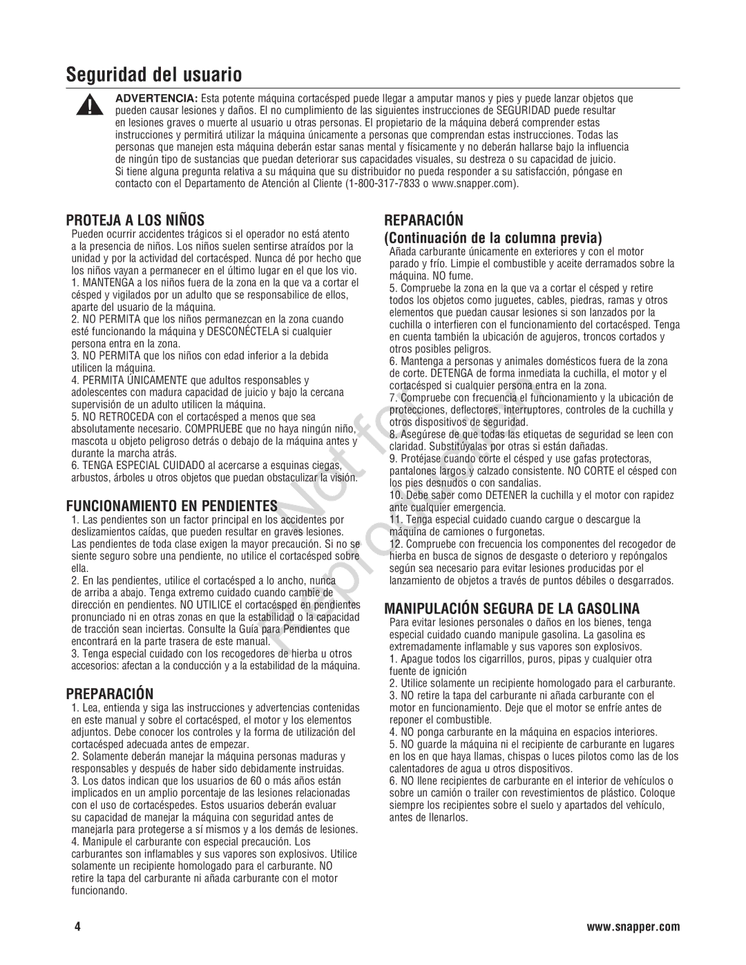 Snapper 7800696, 7800580, NXT22875EFCA manual Seguridad del usuario, Continuación de la columna previa 