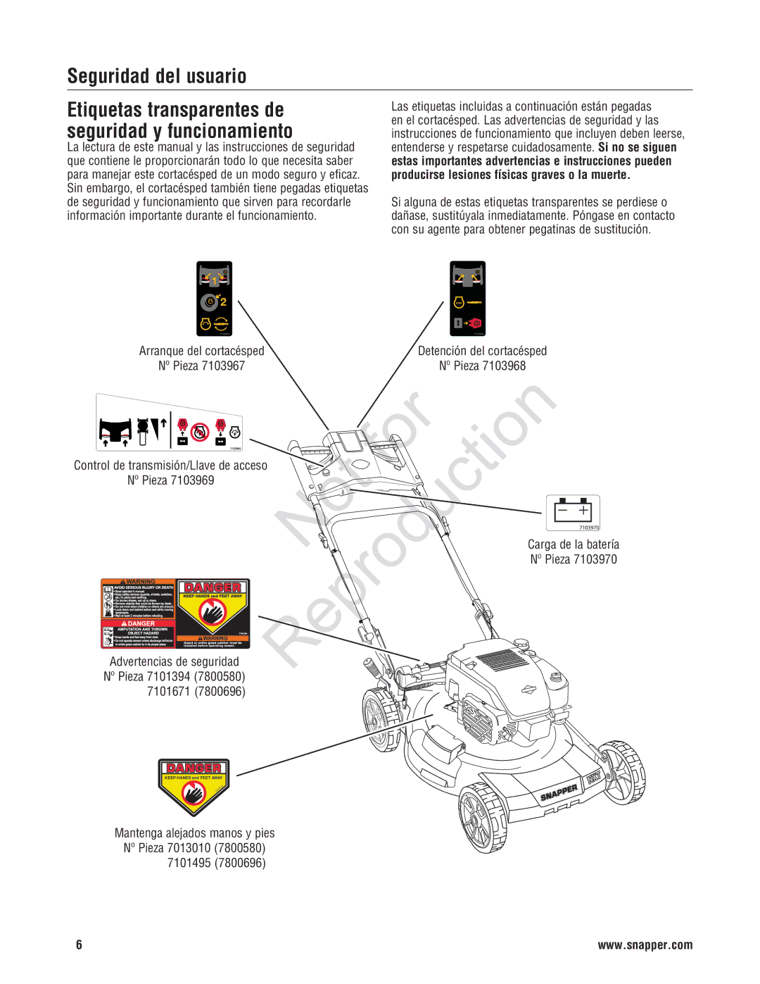 Snapper NXT22875E, 7800696, 7800580 manual Seguridad del usuario Etiquetas transparentes de, Seguridad y funcionamiento 