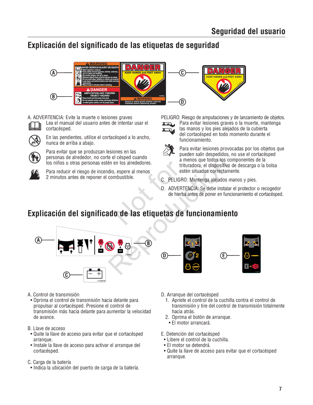 Snapper NXT22875EFCA, 7800696, 7800580 manual Reproduction, Explicación del significado de las etiquetas Funcionamiento 