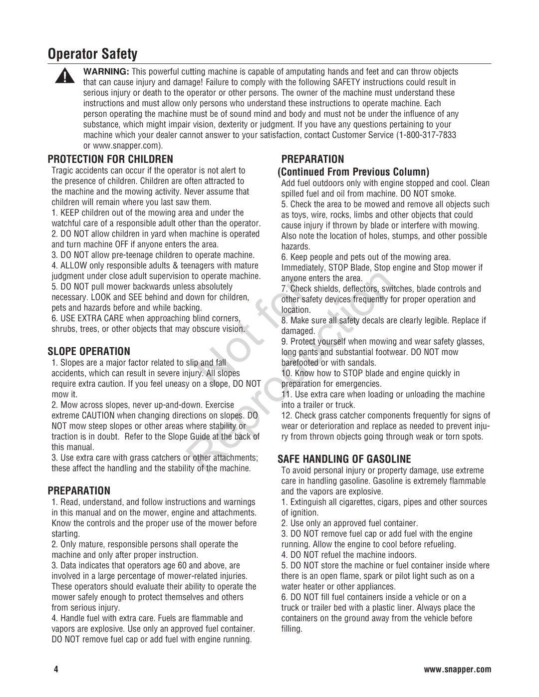 Snapper 7800696, 7800580, NXT22875EFCA manual Operator Safety, From Previous Column 