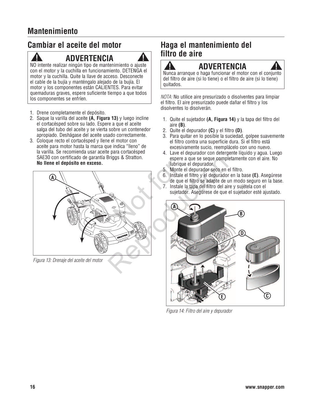 Snapper 7800696, 7800580, NXT22875EFCA manual Filtro de aire 