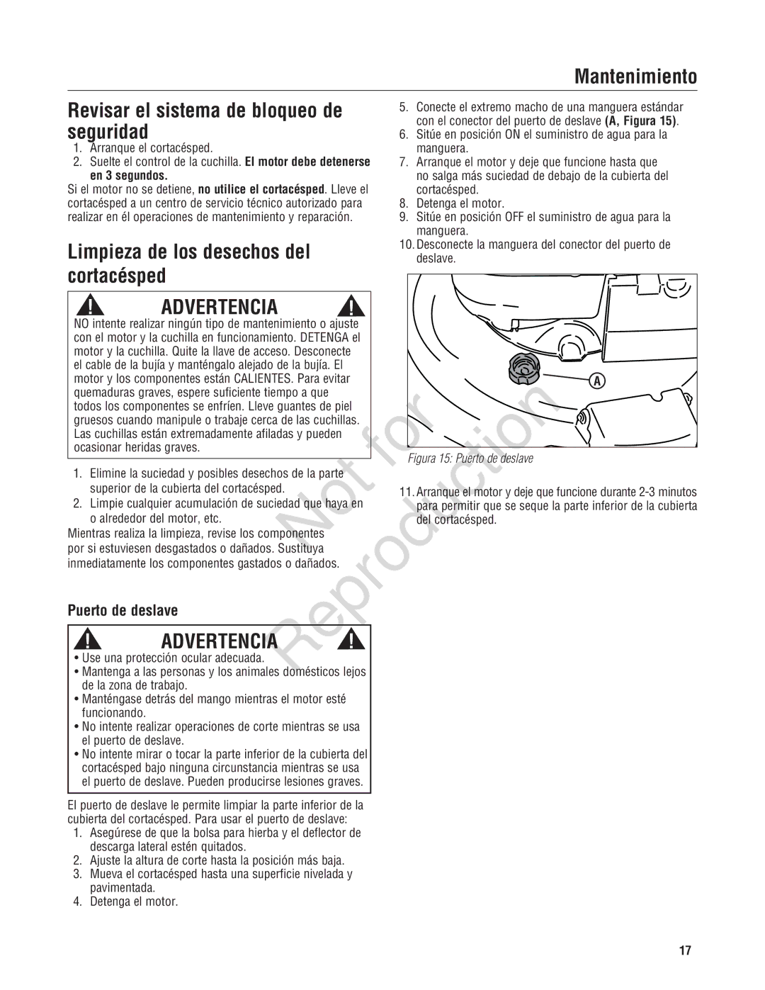 Snapper 7800580, 7800696, NXT22875E manual Limpieza de los desechos del, Cortacésped, Puerto de deslave, En 3 segundos 