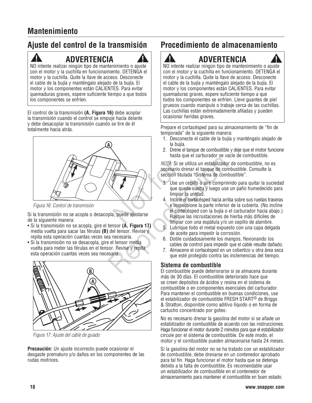 Snapper 7800696, 7800580, NXT22875EFCA manual Mantenimiento, Sistema de combustible 