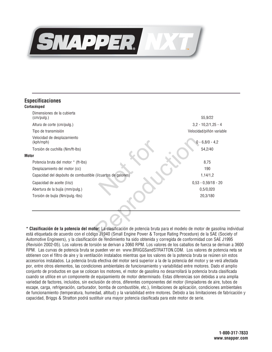 Snapper 7800696, 7800580, NXT22875EFCA manual Especificaciones 