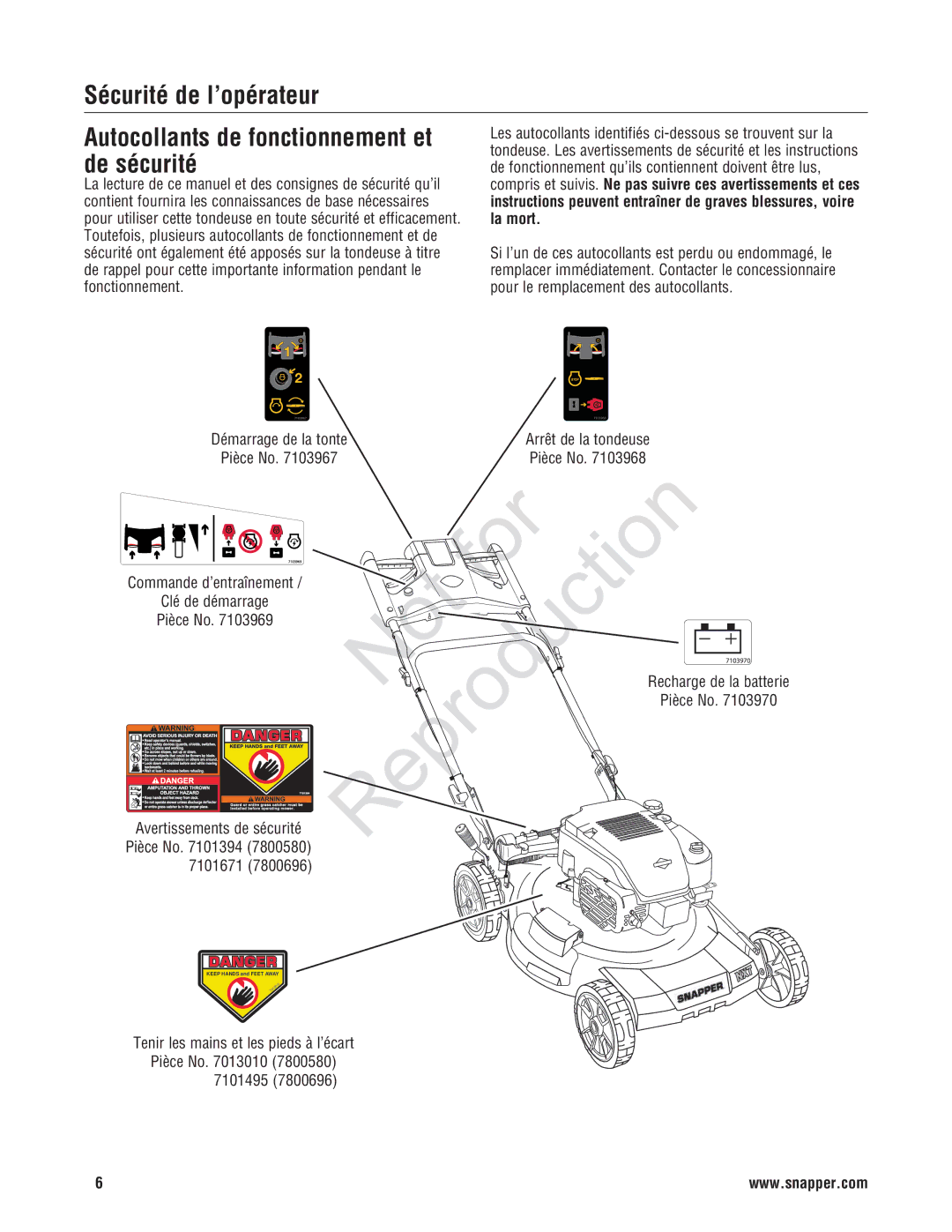 Snapper NXT22875E, 7800696, 7800580 manual Sécurité de l’opérateur Autocollants de fonctionnement et, De sécurité, La mort 