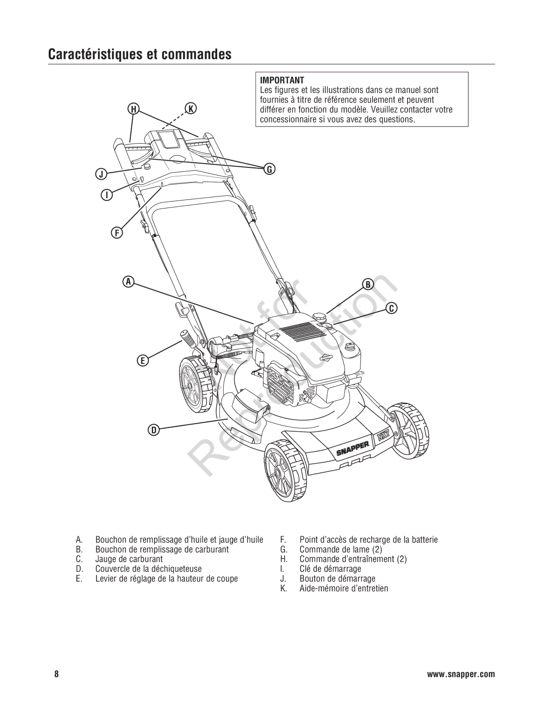 Snapper 7800696, 7800580, NXT22875EFCA manual Caractéristiques et commandes 