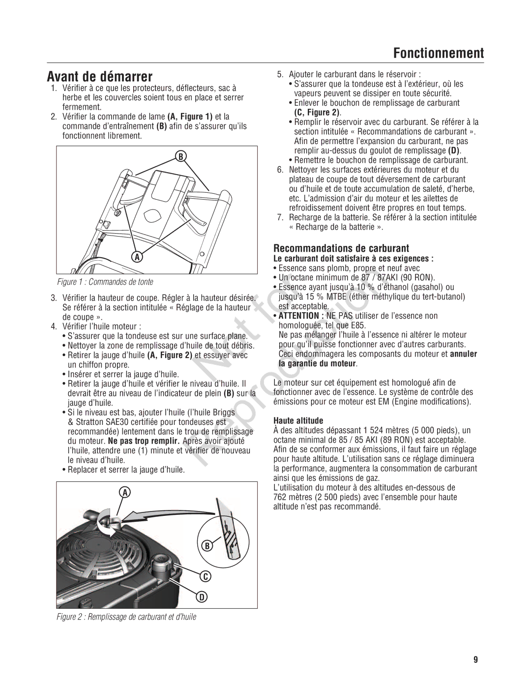 Snapper 7800580, 7800696, NXT22875EFCA manual Avant de démarrer, Recommandations de carburant 