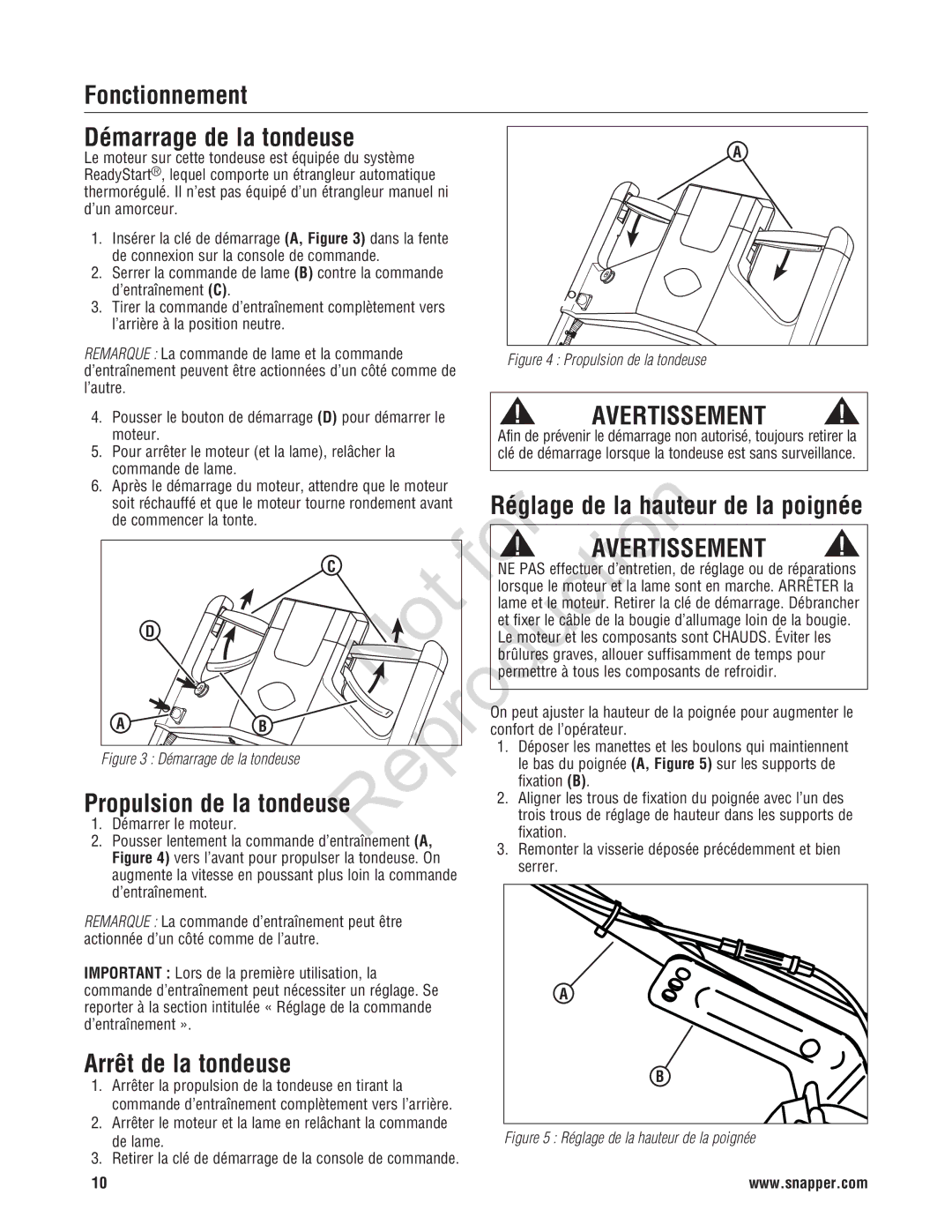 Snapper NXT22875E, 7800696 manual Fonctionnement Démarrage de la tondeuse, Propulsion de la tondeuse, Arrêt de la tondeuse 