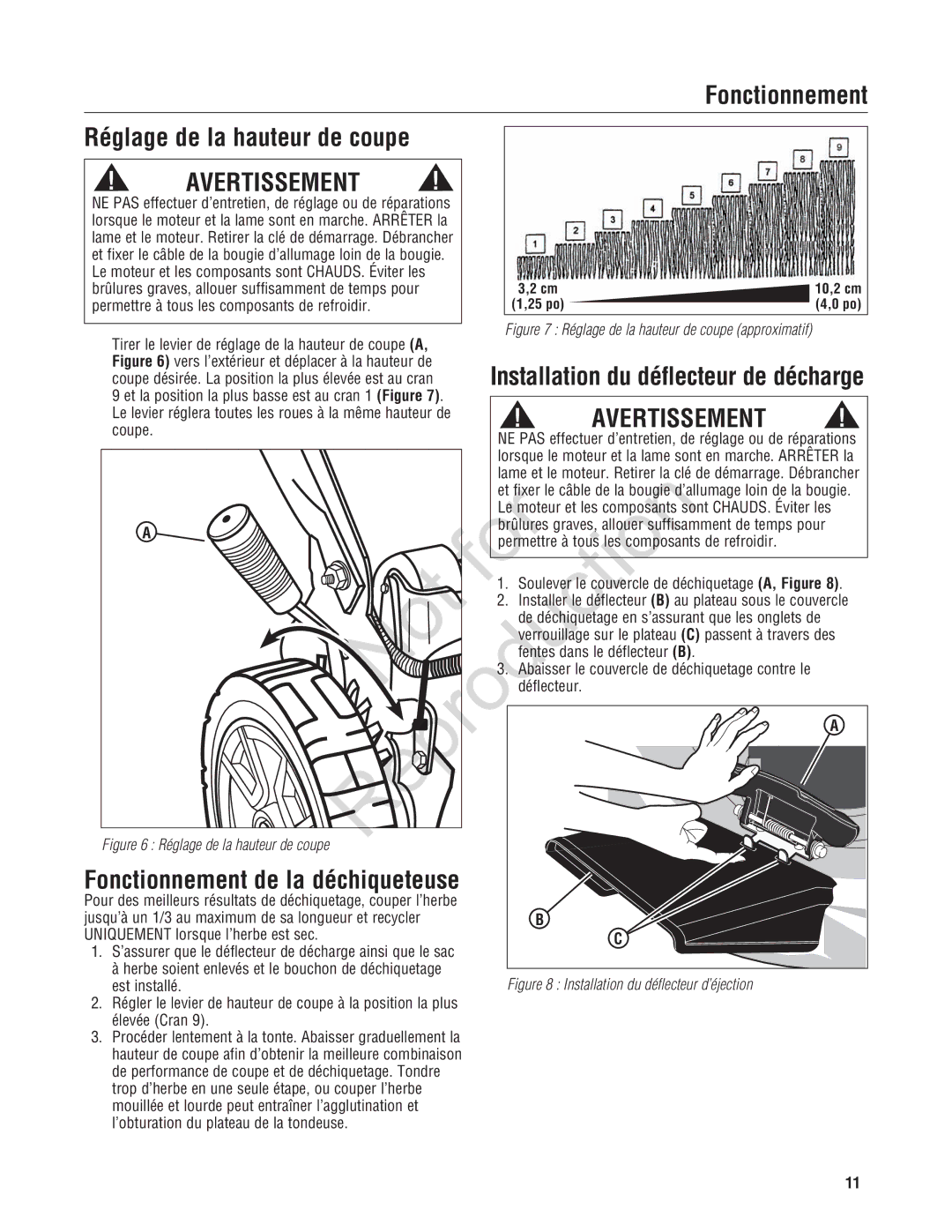 Snapper NXT22875EFCA, 7800696, 7800580 manual Fonctionnement Réglage de la hauteur de coupe 