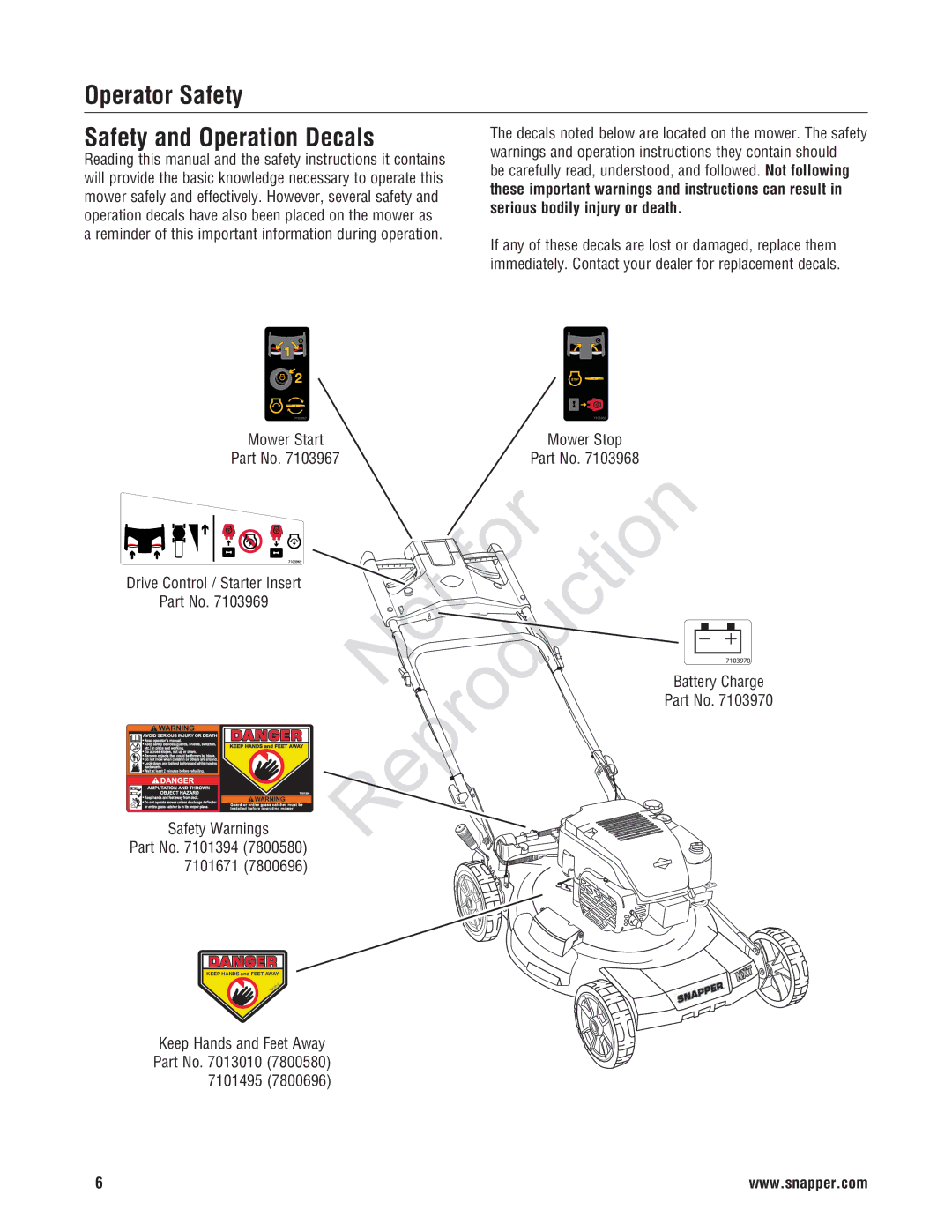 Snapper NXT22875E, 7800696, 7800580 manual Operator Safety Safety and Operation Decals, Serious bodily injury or death 