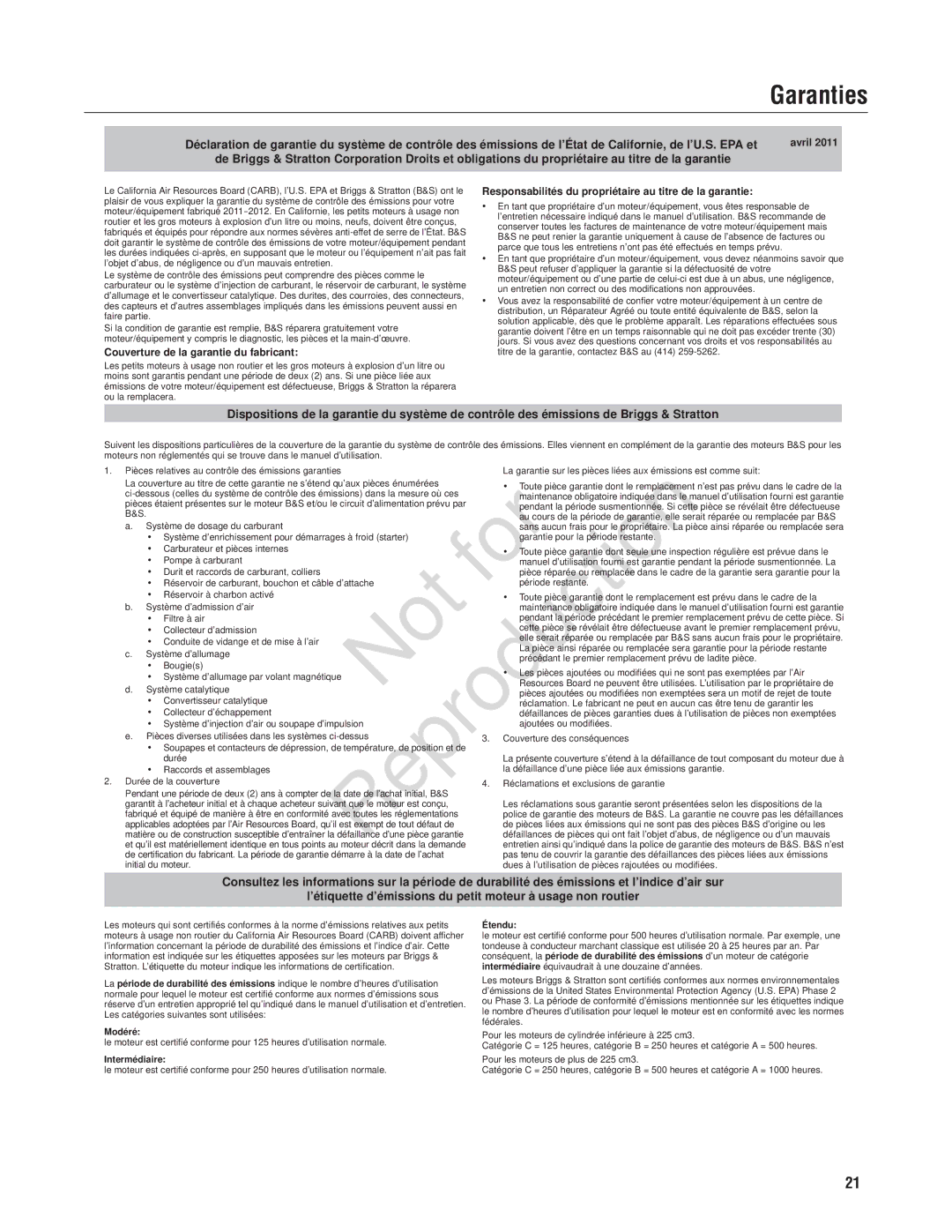 Snapper 7800580, 7800696, NXT22875EFCA manual Avril 