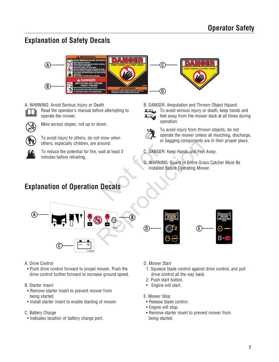 Snapper NXT22875EFCA, 7800696, 7800580 manual Explanation of Operation Decals 