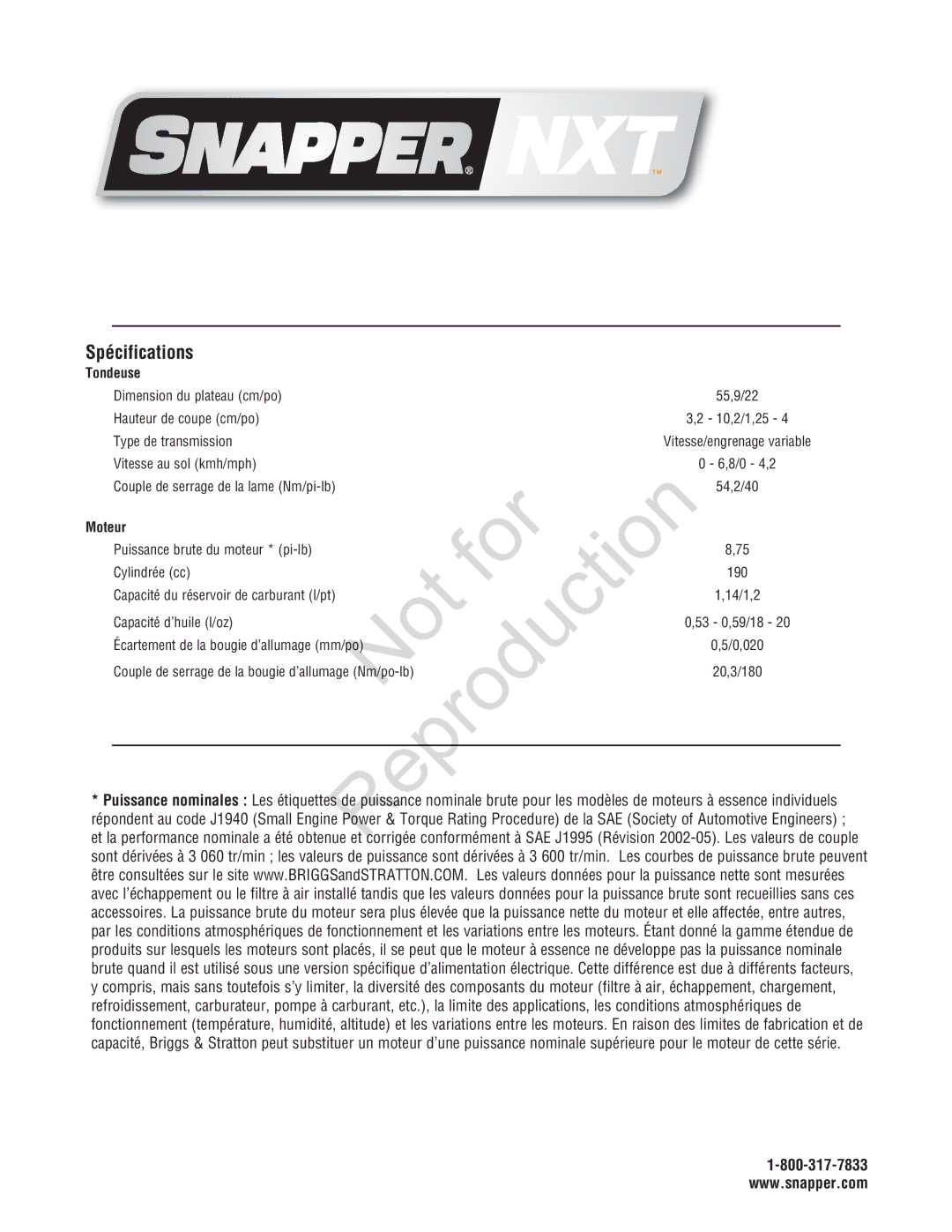 Snapper 7800696, 7800580, NXT22875EFCA manual Spécifications 