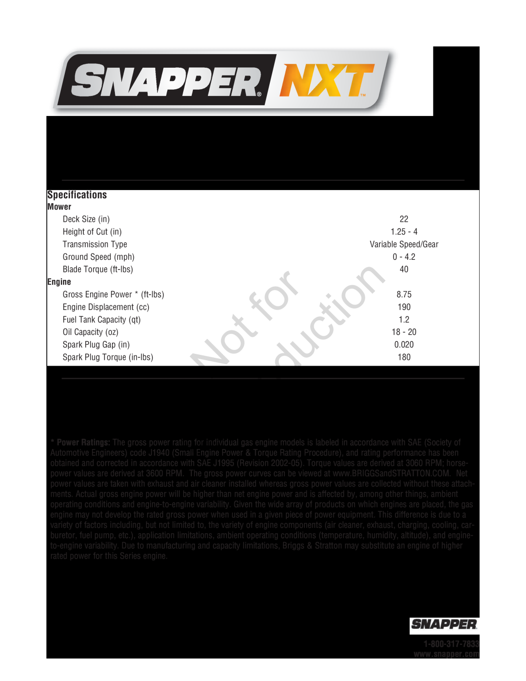 Snapper 7800696, 7800580, NXT22875EFCA manual Specifications, Reproduction, Mower, Engine 