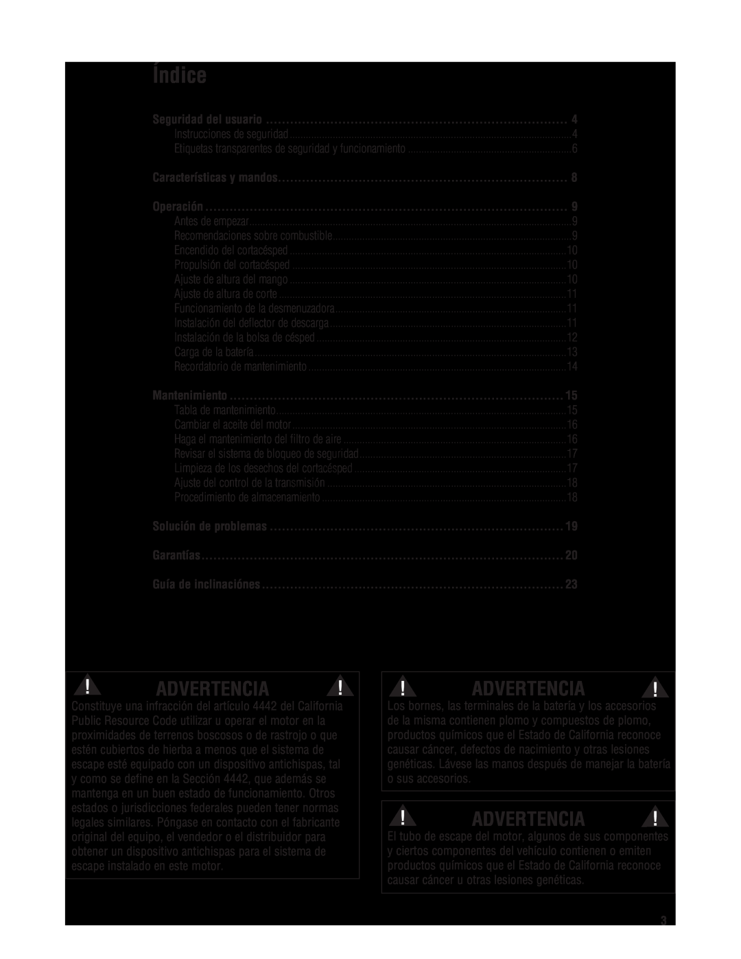 Snapper NXT22875EFCA manual Índice, Advertencia, Seguridad del usuario, Características y mandos, Operación, Mantenimiento 