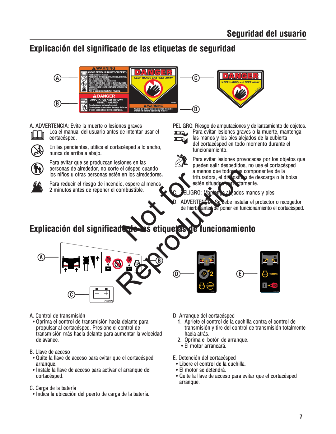 Snapper NXT22875EFCA, 7800696 manual Explicación del significado de las etiquetas de seguridad, Reproduction, funcionamiento 