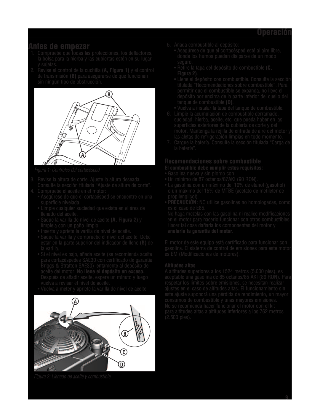 Snapper 7800580 manual Antes de empezar, Operación, Recomendaciones sobre combustible, Figura 1 Controles del cortacésped 