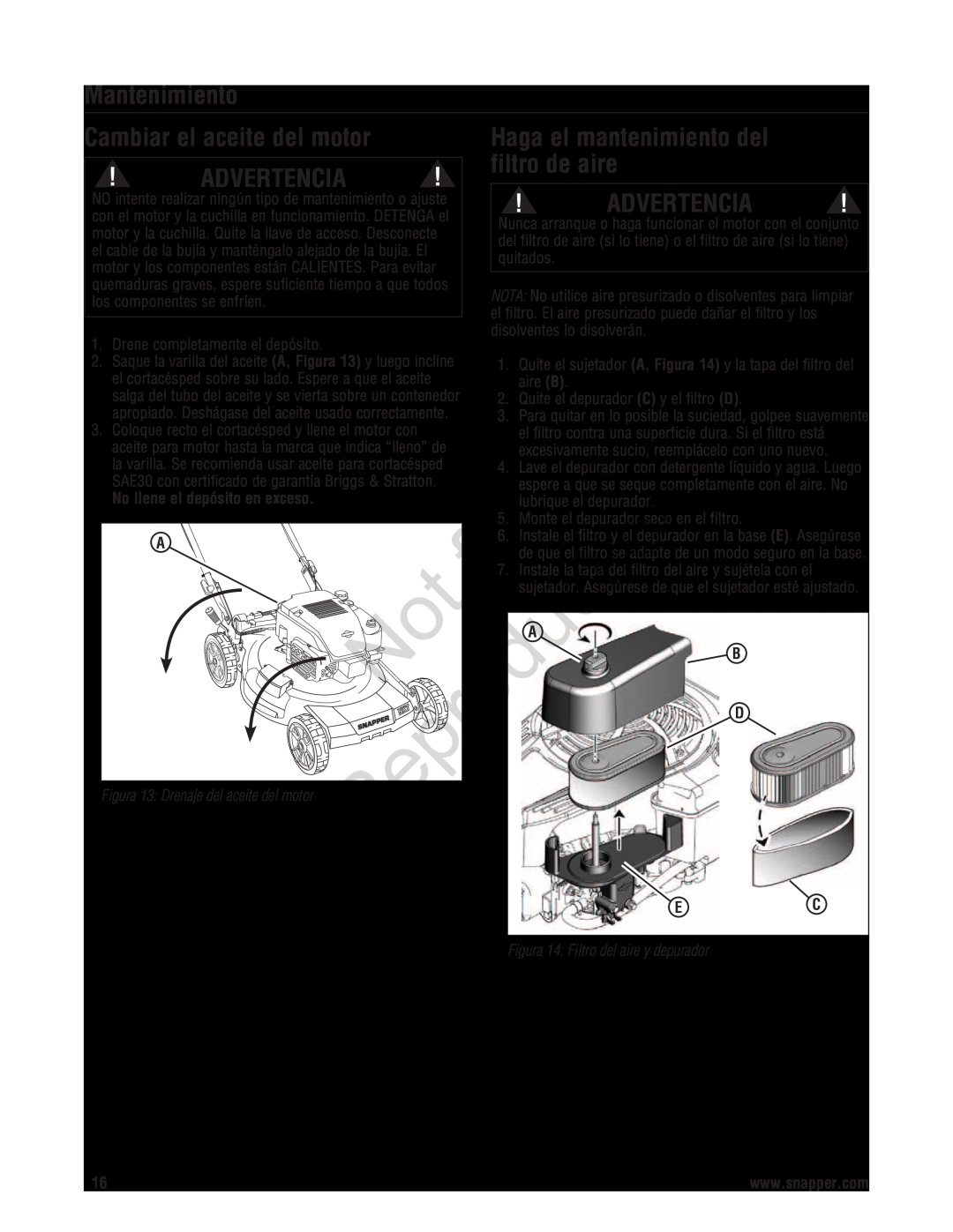 Snapper 7800696 manual Cambiar el aceite del motor, Haga el mantenimiento del, filtro de aire, Mantenimiento, Advertencia 