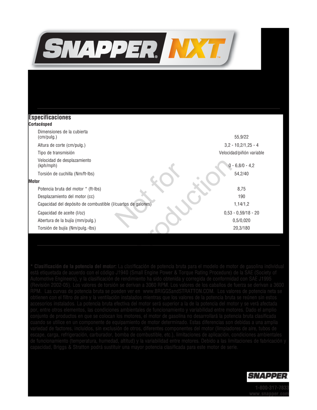 Snapper 7800696, 7800580, NXT22875EFCA manual Especificaciones, Reproduction, Cortacésped, Motor 