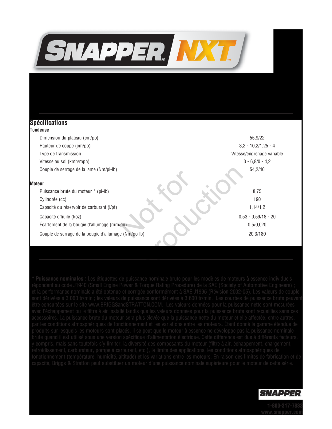 Snapper 7800696 manual Spécifications, Reproduction, Tondeuse, Dimension du plateau cm/po, Hauteur de coupe cm/po, Moteur 