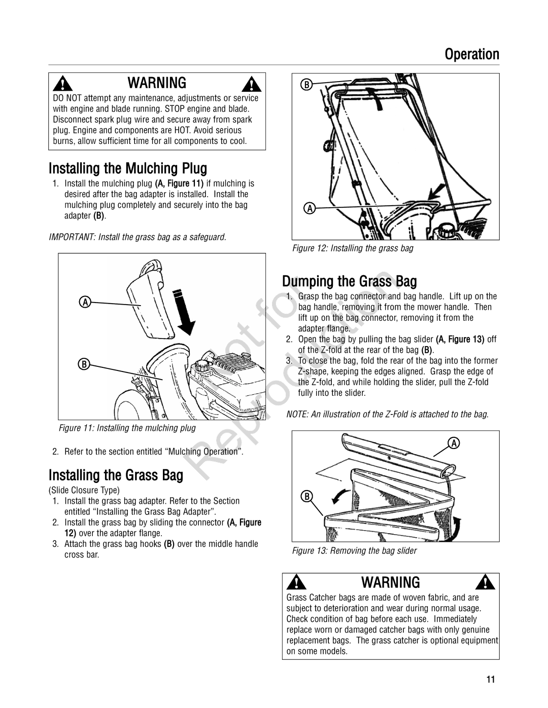 Snapper 7800764 CRP218520 manual Installing the Mulching Plug, Dumping the Grass Bag 